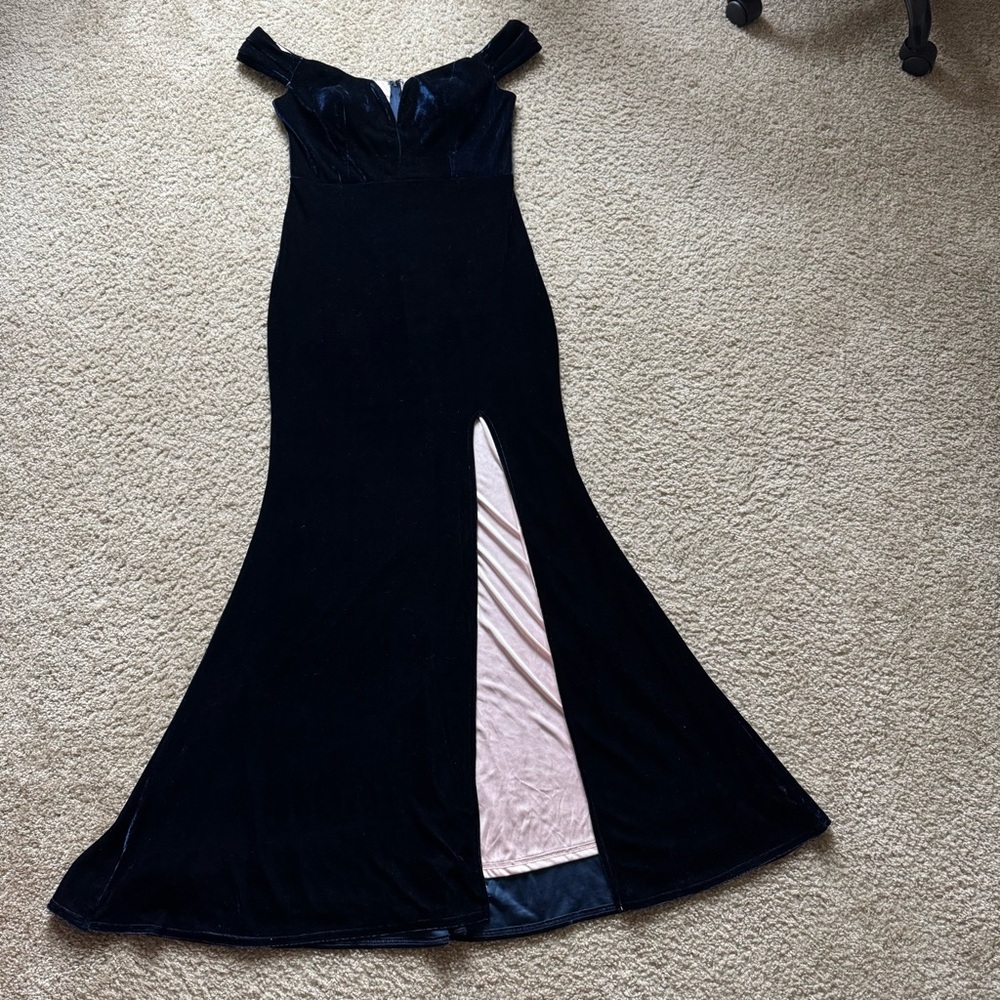 City Vibe Juniors Blue Velvet High Slit Gown Dress 11 - Picture 7 of 15